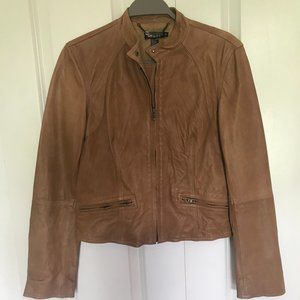 DKNY Italian horse skin, zipper closure camel colored leather jacket, size 6